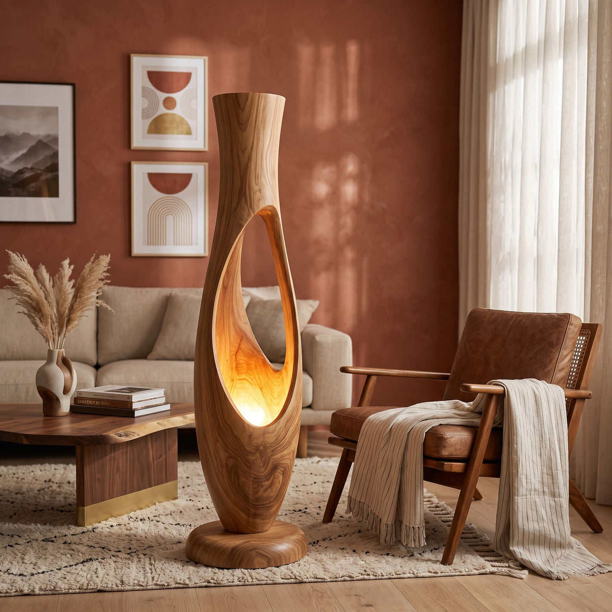 Massief houten sculpturale staande lamp in moderne living