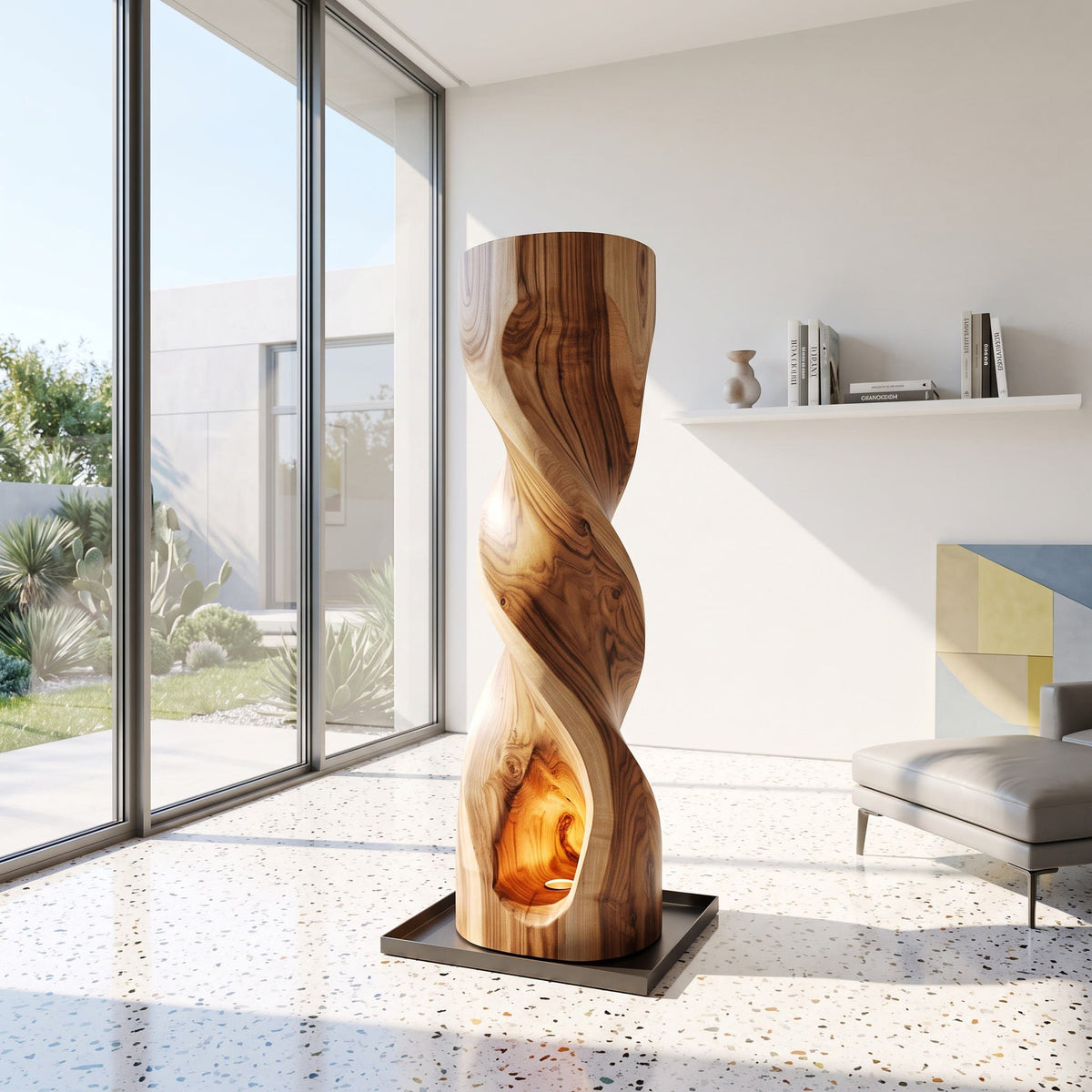 Sculpturale Spiraal Vloerlamp - Massief Hout Lichtzuil