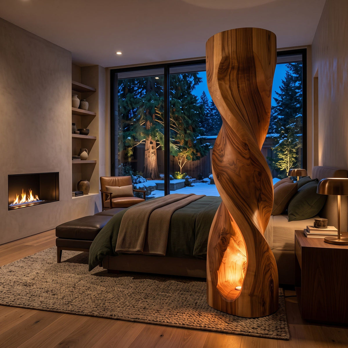 Sculpturale Spiraal Vloerlamp - Massief Hout Lichtzuil