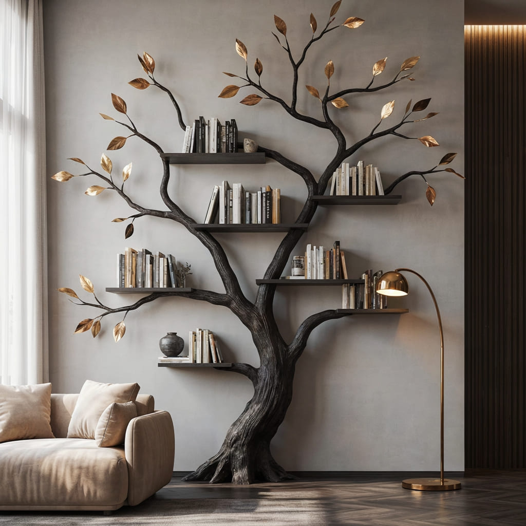 Handgesneden Boom Wandboekenkast - Massief Hout Wandbibliotheek