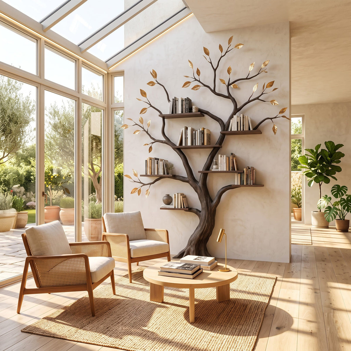 Handgesneden Boom Wandboekenkast - Massief Hout Wandbibliotheek