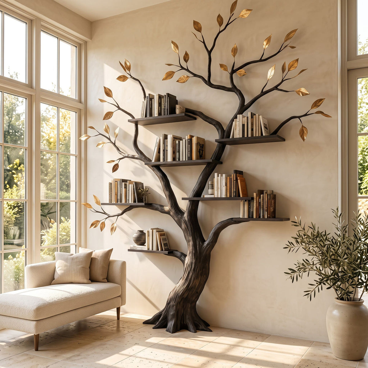 Handgesneden Boom Wandboekenkast - Massief Hout Wandbibliotheek