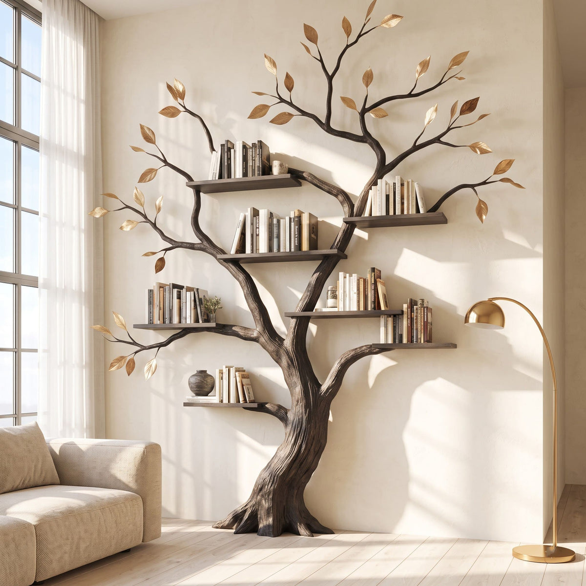 Handgesneden Boom Wandboekenkast - Massief Hout Wandbibliotheek