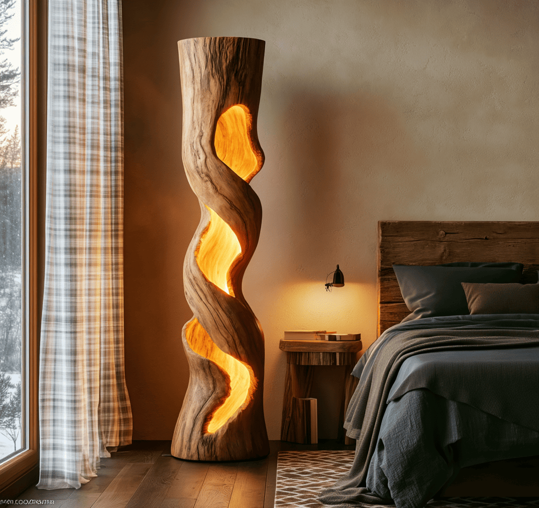 Ambachtelijke handgesneden getordeerde vloerlamp van massief hout