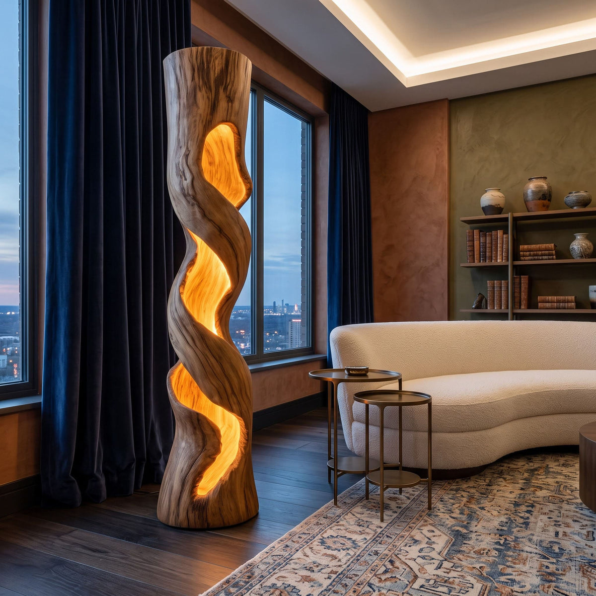 Massief houten getordeerde staande lamp in een eigentijdse woonkamer