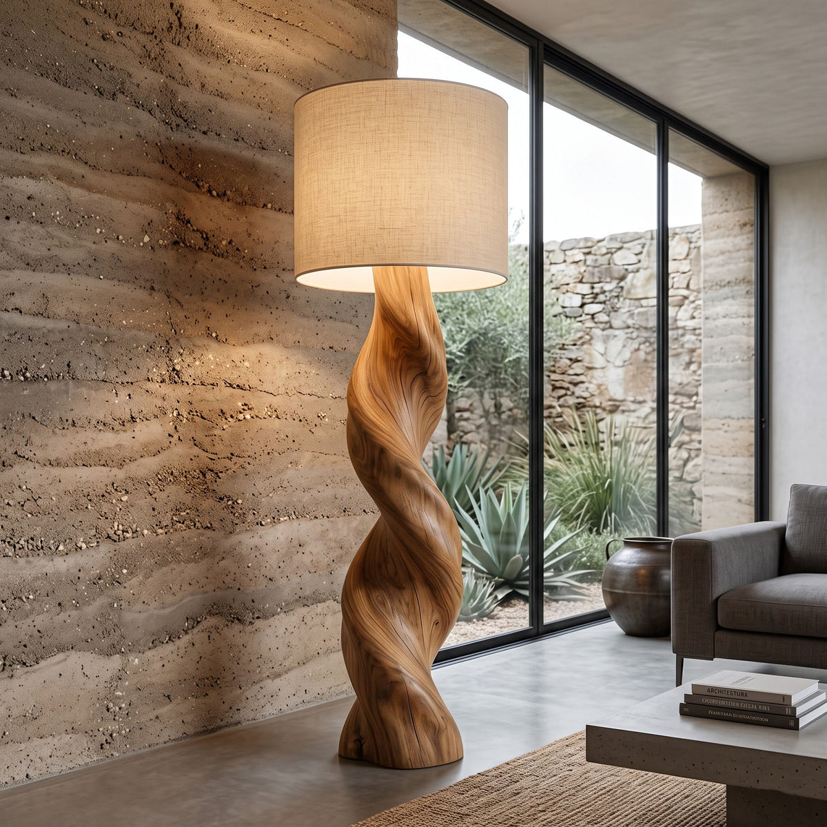 Massief houten spiraal vloerlamp in een eigentijdse zithoek