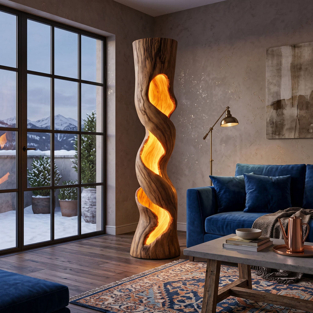 Hand-carved solid wood floor lamp with fabric shade showcased as a sculptural lighting piece