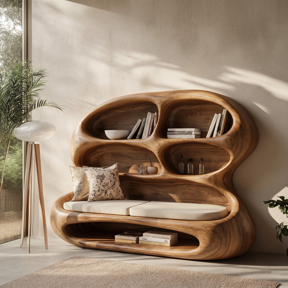 Modern sculpturaal dagbed met ingebouwde boekenkast van massief hout