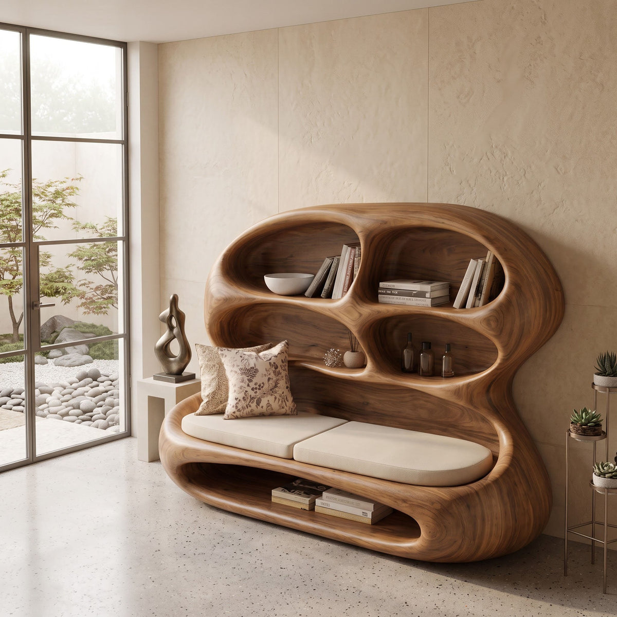Ambachtelijke houten loungebank met boekendisplay in de hal