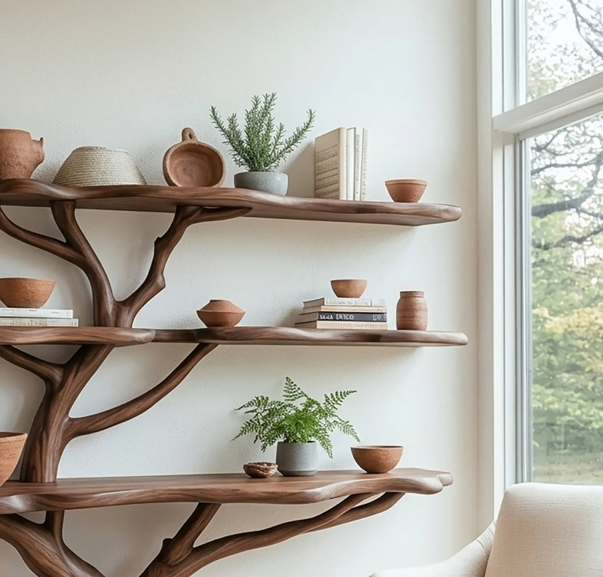Boomboekenplank met terracotta schalen en groene planten in de woonkamer