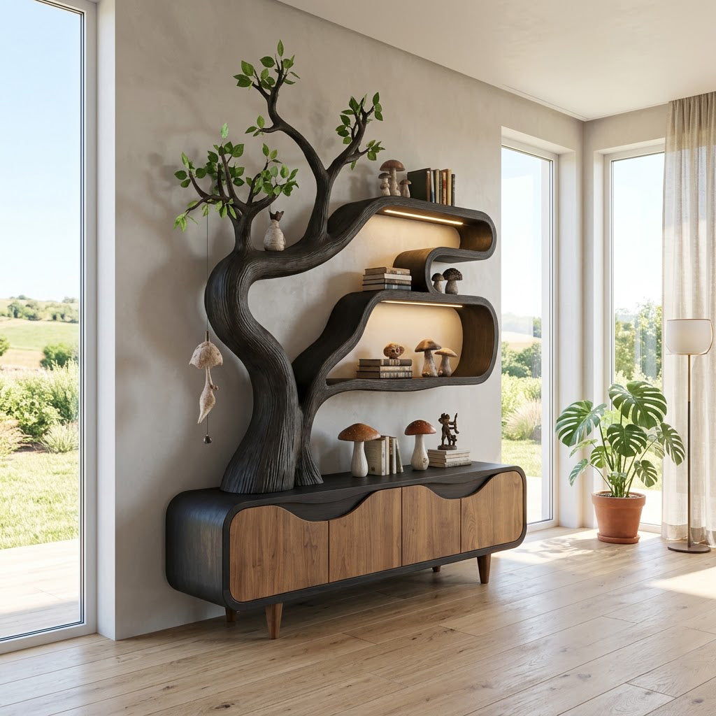 Biophilic boom boekenkast en dressoir met verlichting van massief hout