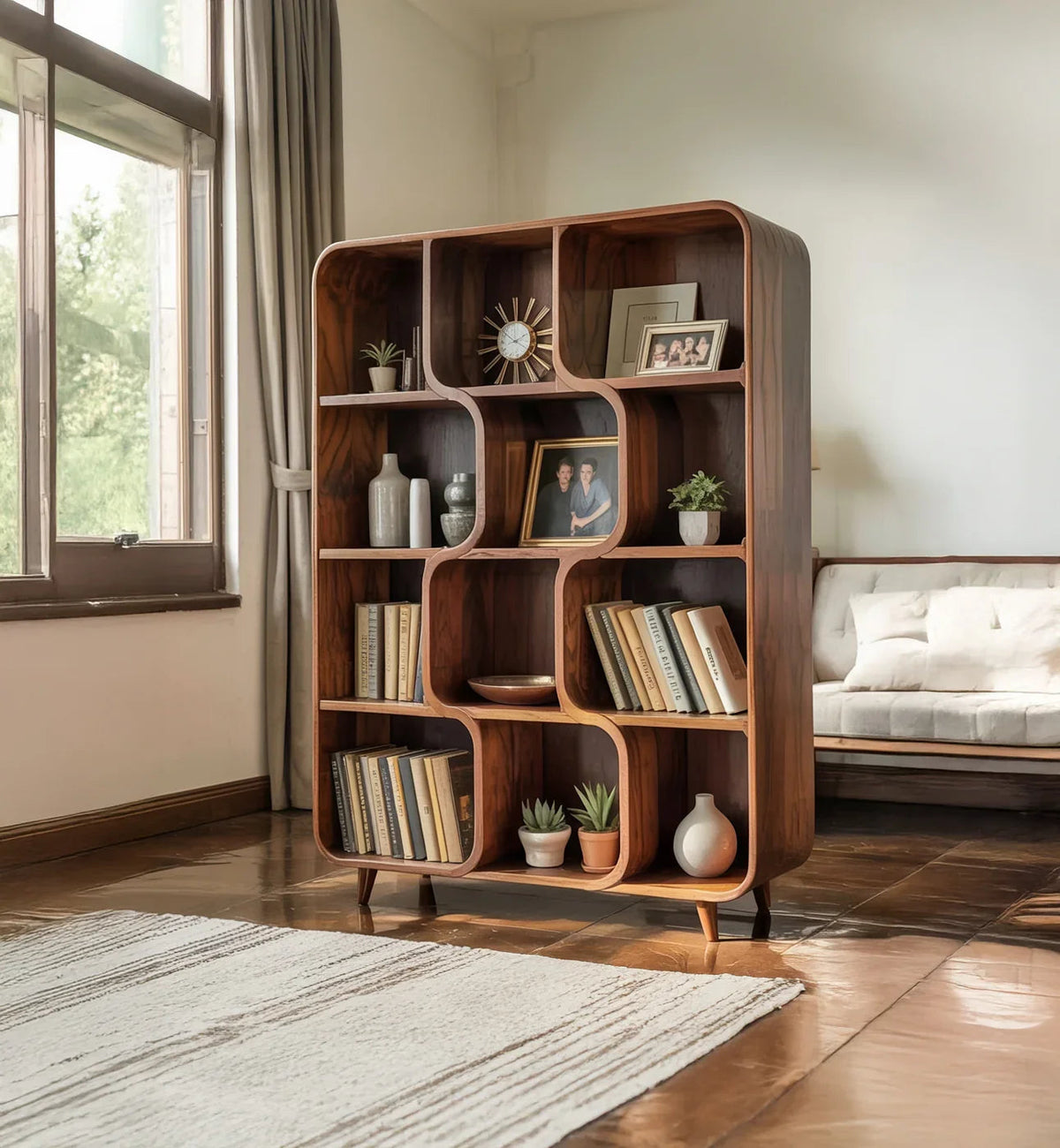 Mid-century wandkast van massief hout met afgerond design