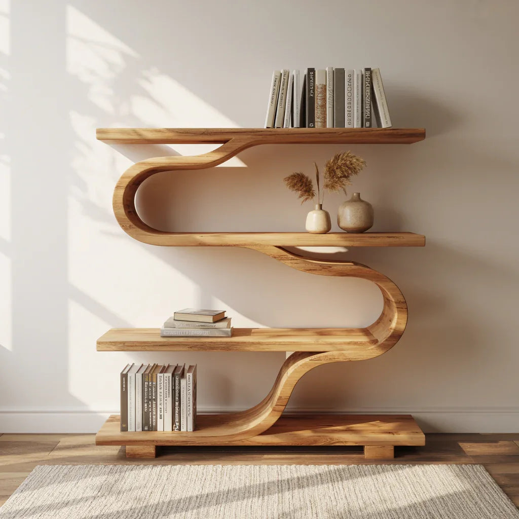 Organische sculpturale houten boekenkast met gebogen ontwerp voor woonkamer