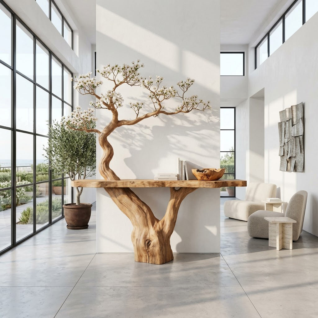 Botanische massief houten boomrand sidetable in een eigentijdse hal