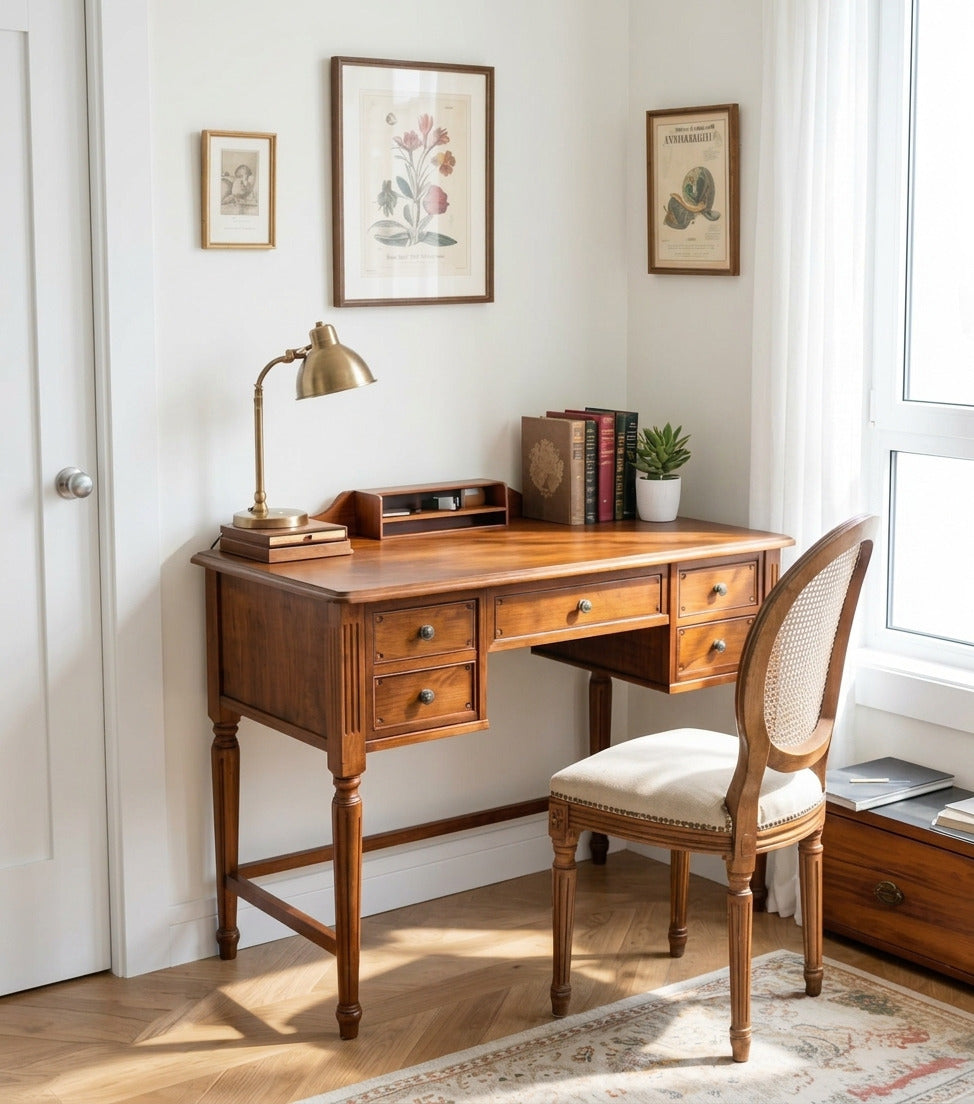 Klassiek massief houten bureau met opzetstuk in modern interieur