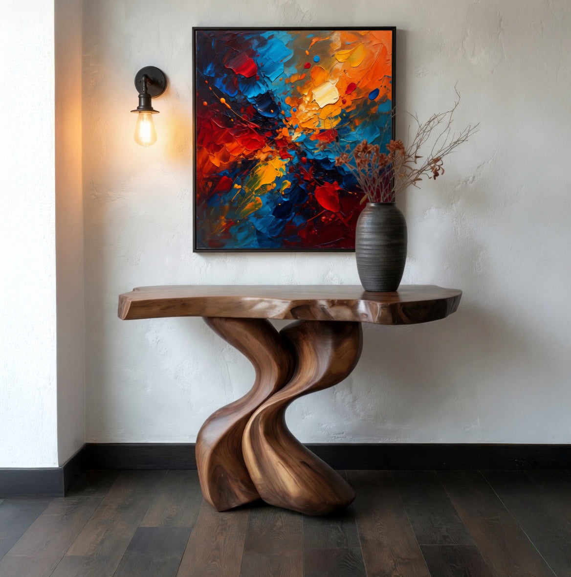 Smalle handgemaakte massief houten consoletafel met uniek design