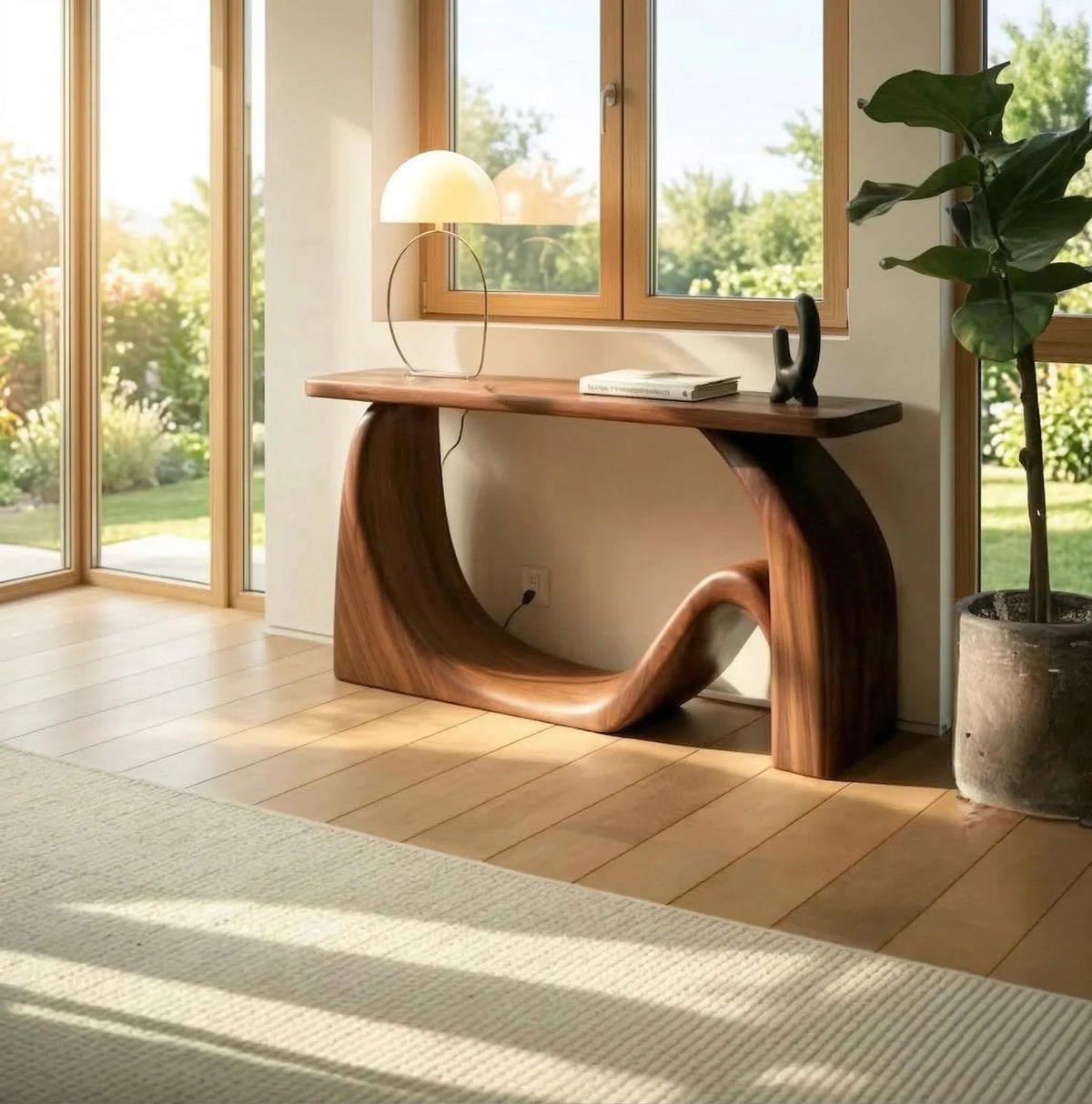Sculpturale massief houten consoletafel met organische vorm voor entree en hal