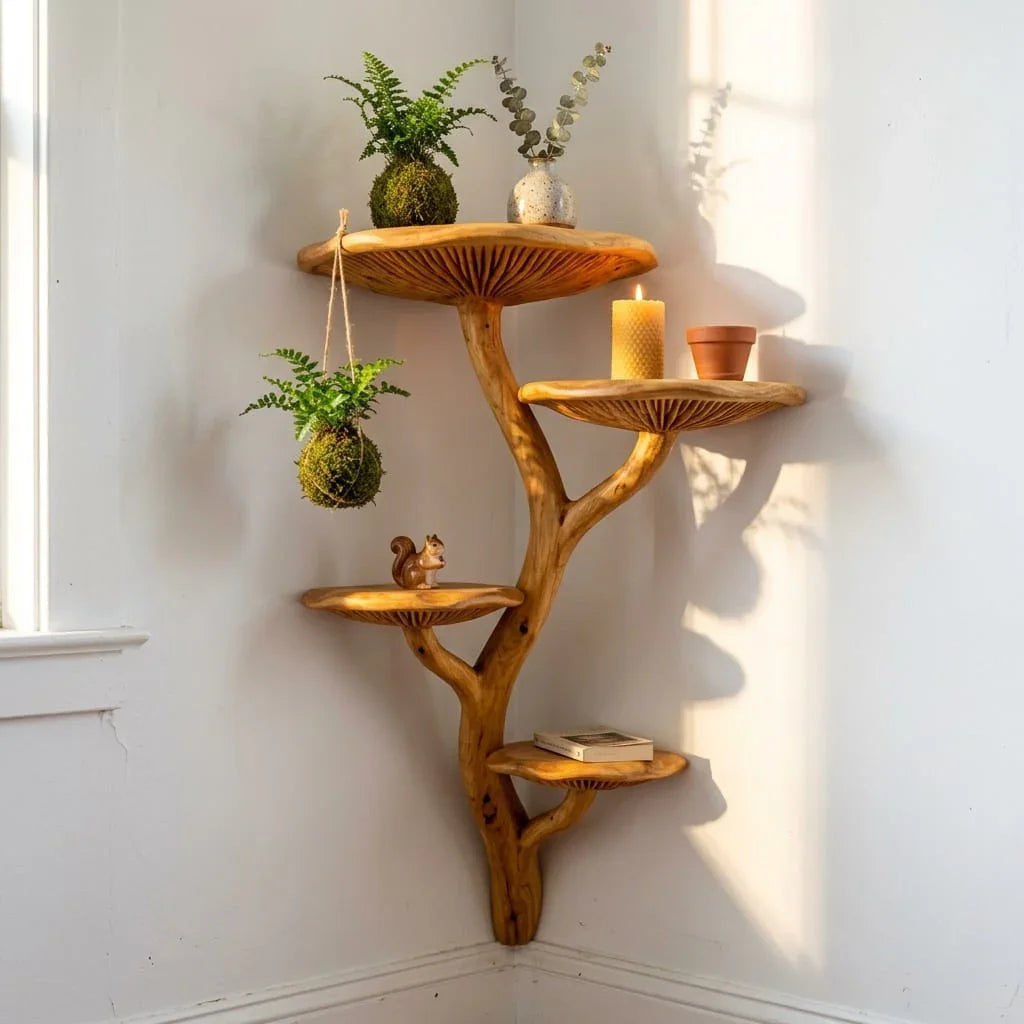 Vertakkende houten hoek wandplank met waaiervormige schappen en takhaak