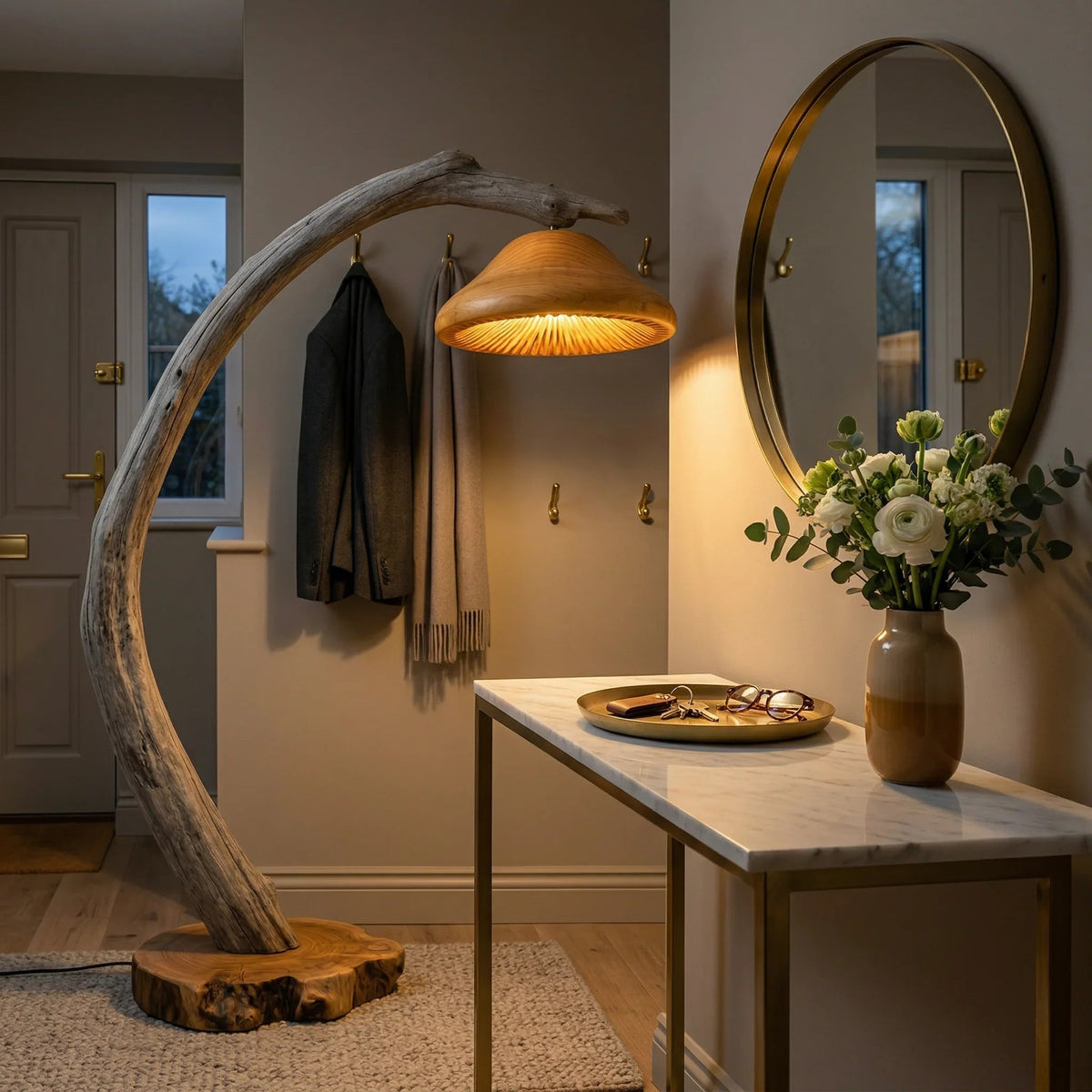 Live edge driftwood floor lamp with mushroom-shaped wood shade and glowing warm light