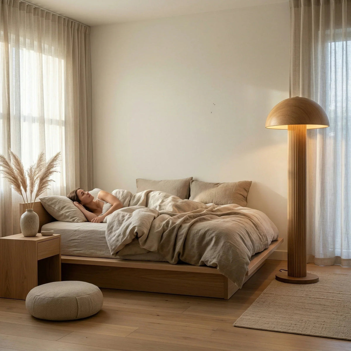 Moderne slaapkamer met notenhouten paddenstoel vloerlamp en rustige tinten