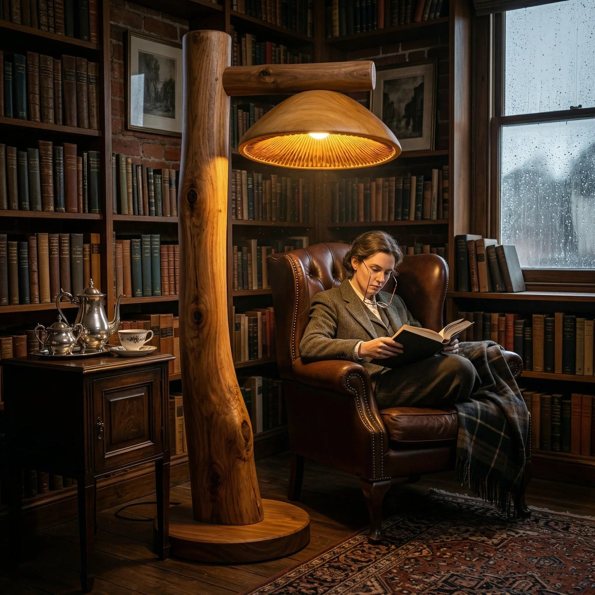 Sculpted log floor lamp with mushroom shade, walnut base, in cozy library setting