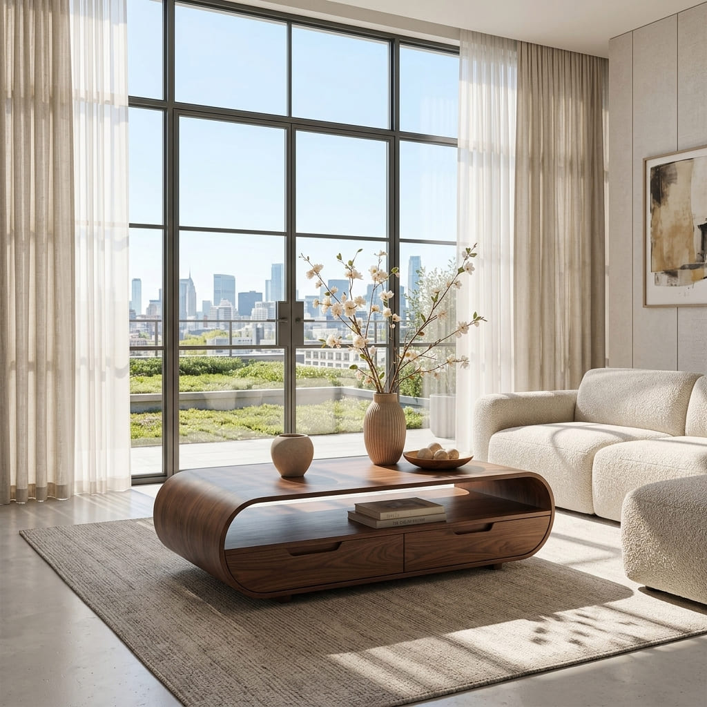 Eigentijdse natuurhouten salontafel met opbergruimte in een stijlvol interieur