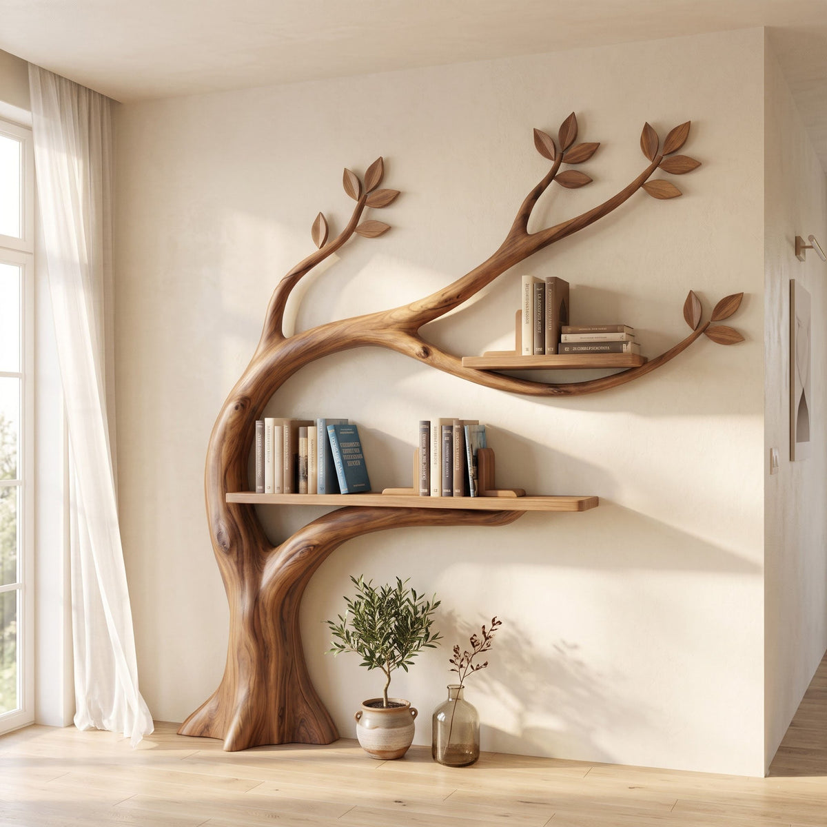 Gebogen stam botanische wandboekenkast van massief hout