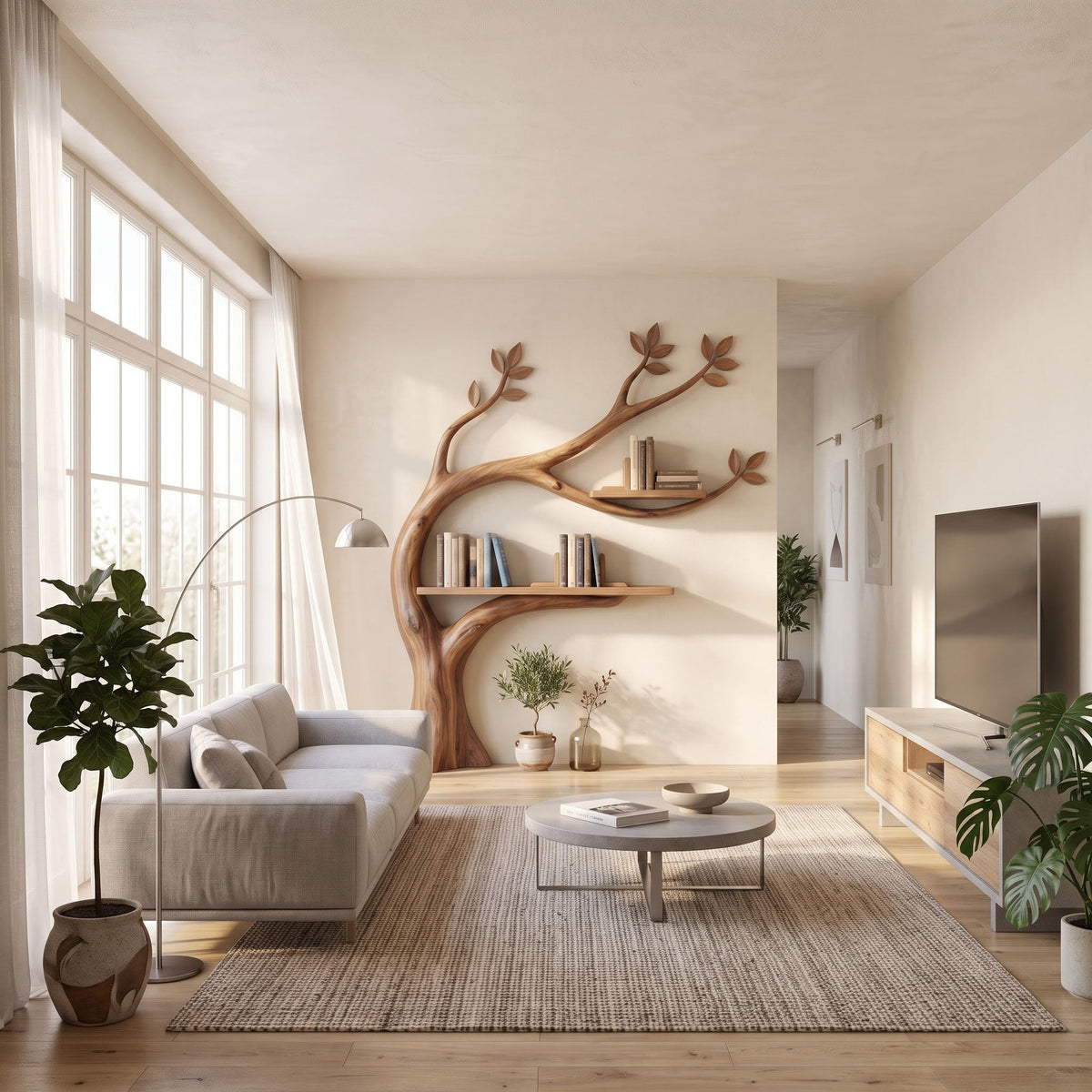 Massief houten botanische wandboekenkast in een moderne woonkamer