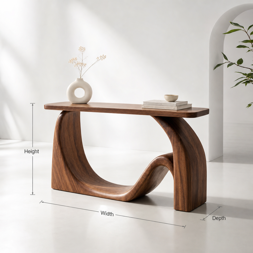 Gebogen Sculpturale Sidetable - Massief Houten Consoletafel met Boomrand