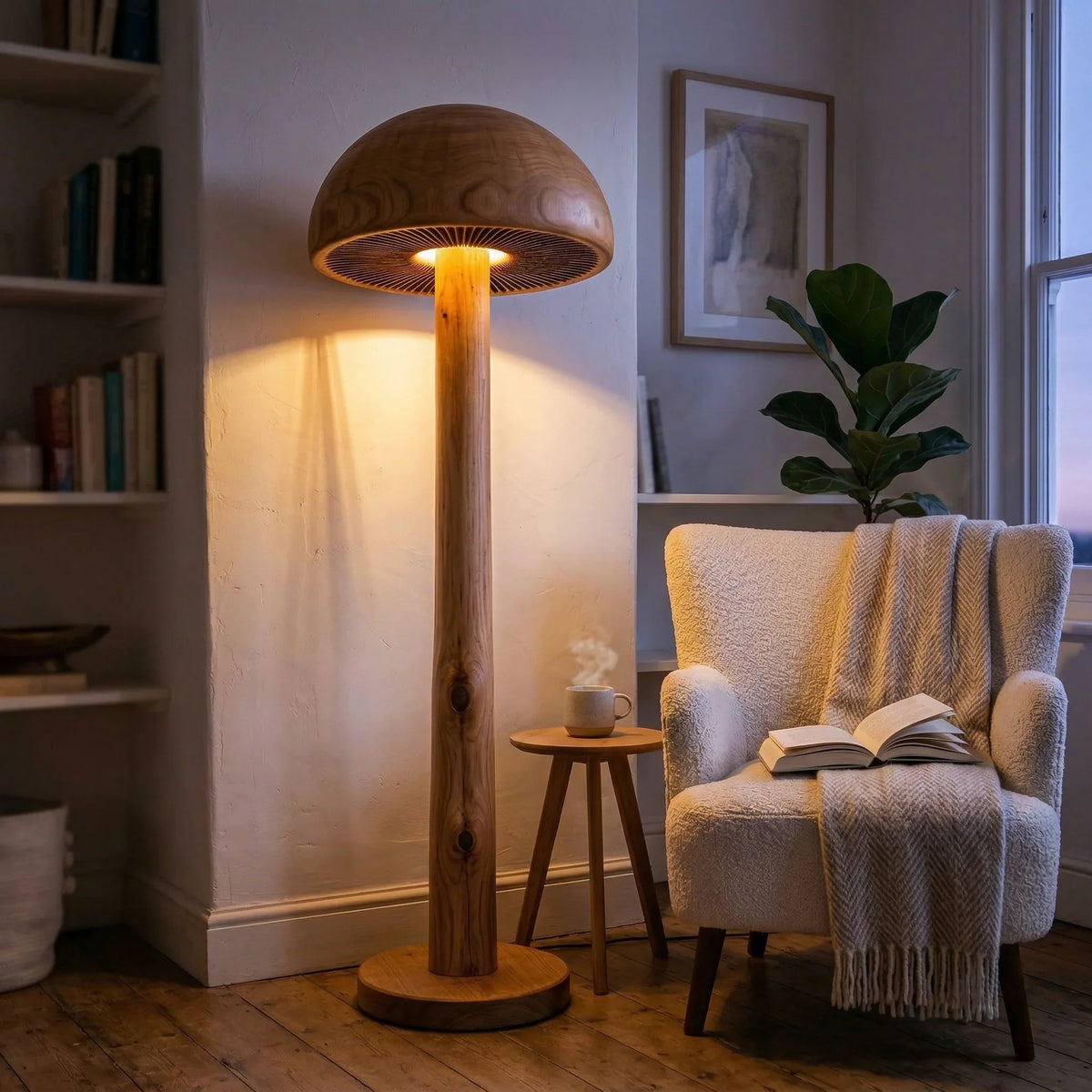 Massief houten paddenstoel vloerlamp met lamellendetail in gezellige zithoek