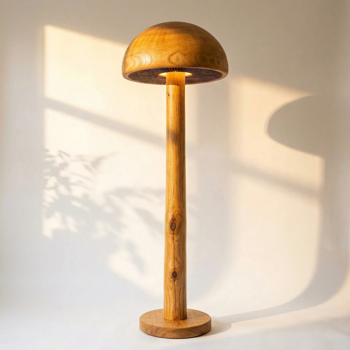 Solid wood mushroom floor lamp with hand-carved gill detail and round base