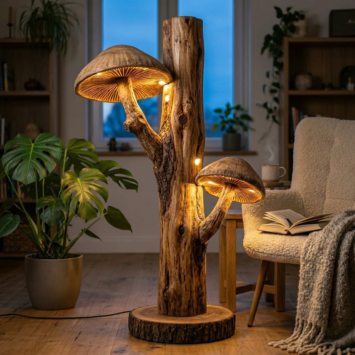 Dubbele paddenstoel vloerlamp met gesneden houten kappen op boomstam met schors