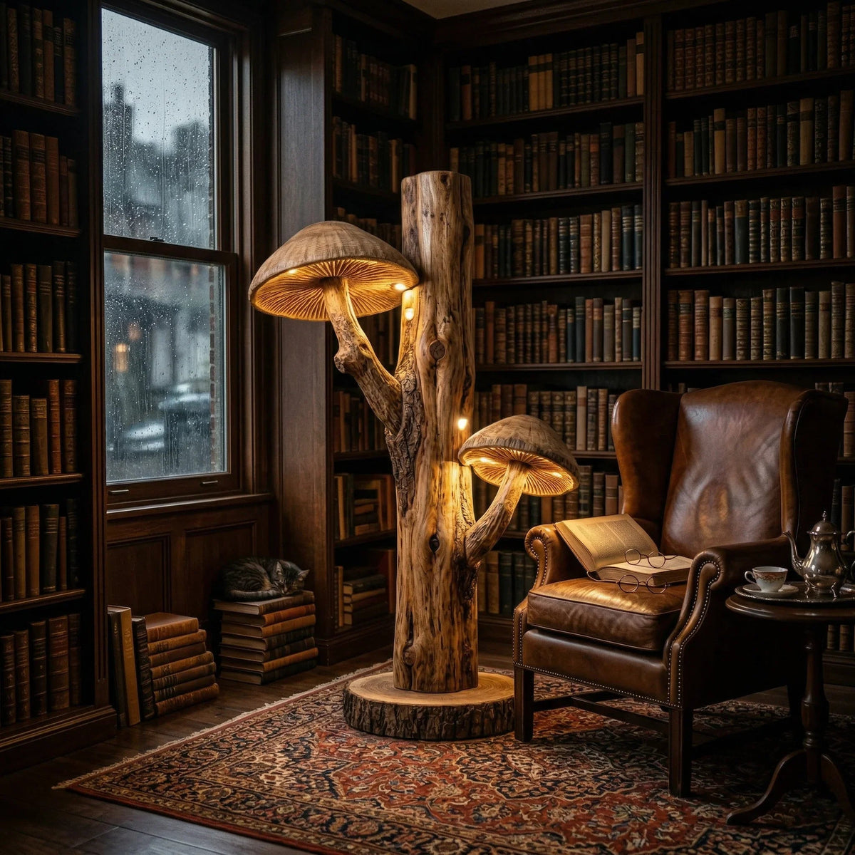 Dual mushroom floor lamp with hand-carved wood trunk and glowing caps in cozy library setting