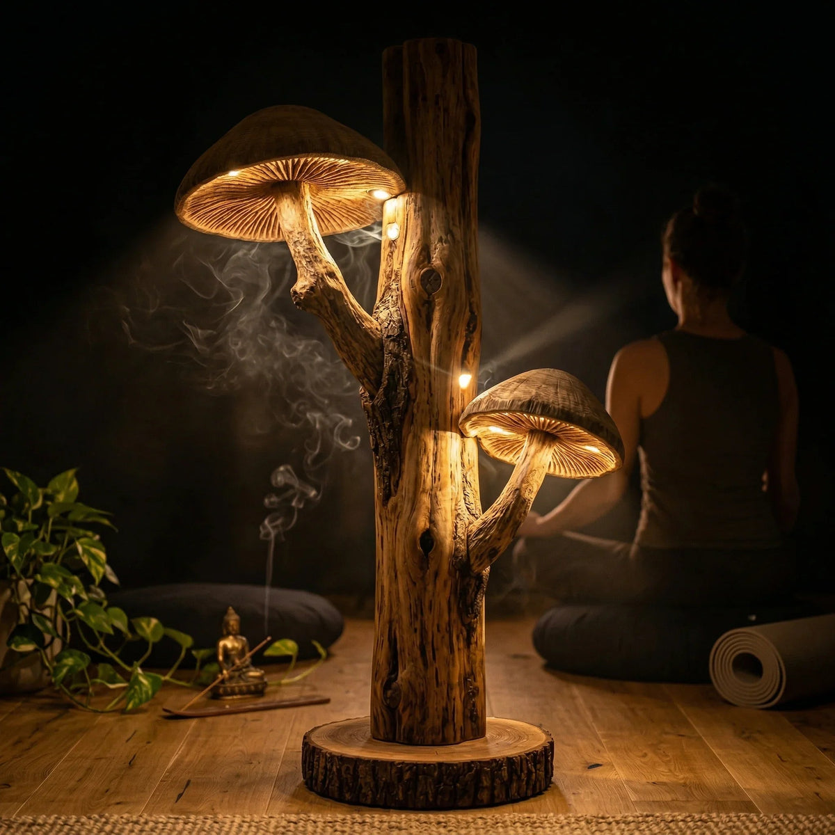 Dual mushroom-shaped floor lamp with carved wood base, glowing gill caps, nature-inspired decor.