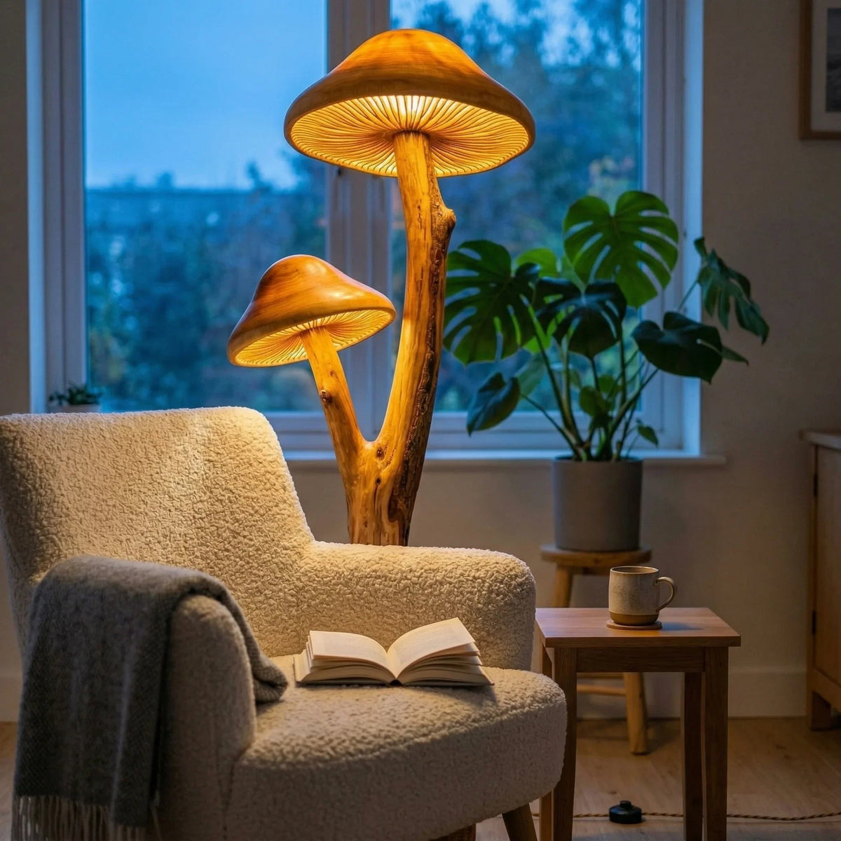 Sfeervolle dubbele houten paddenstoel lamp in gezellige kamerinrichting