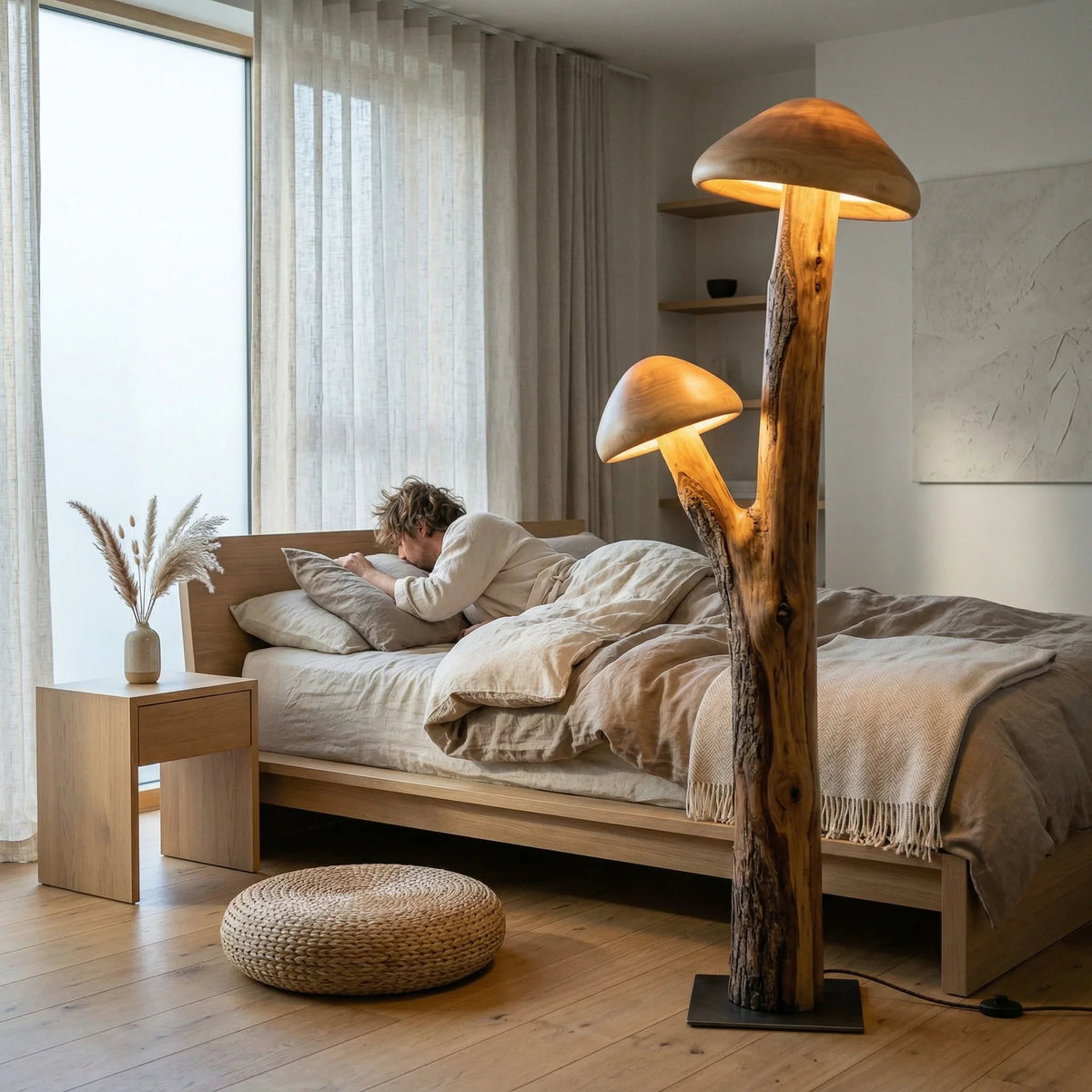 Vloerlamp met twee paddenstoelkappen op boomstam naast bed in moderne slaapkamer