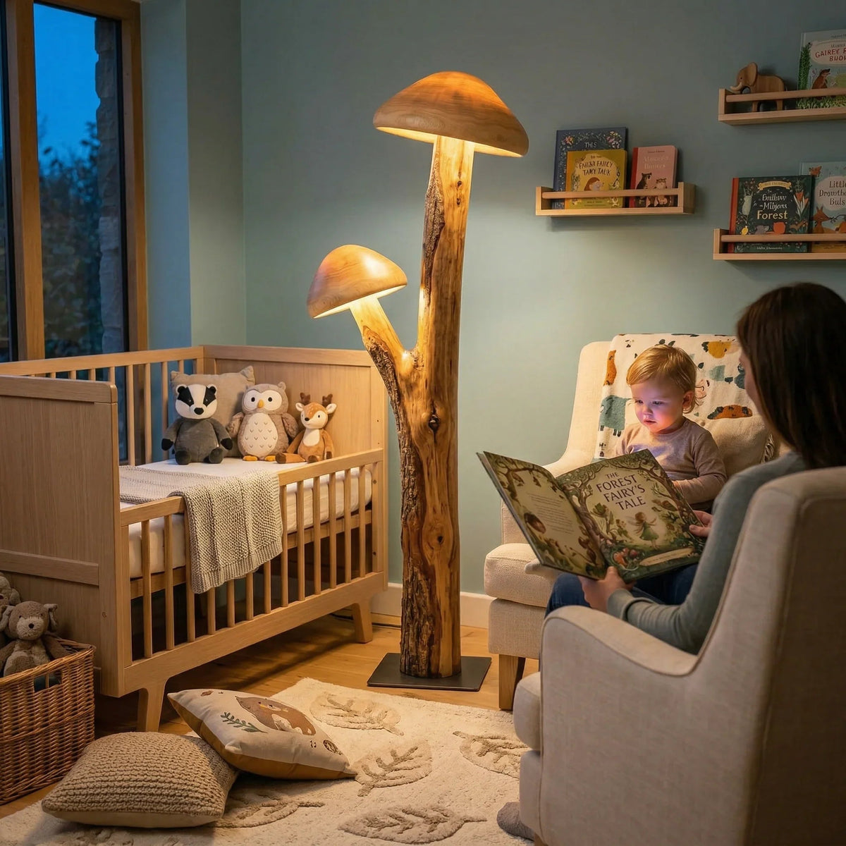 Dubbele paddenstoel vloerlamp van natuurlijk hout in rustige kinderkamer