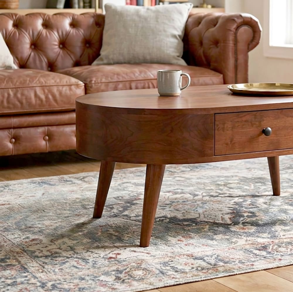 Japandi stijl massief houten salontafel met gebogen design en opbergruimte