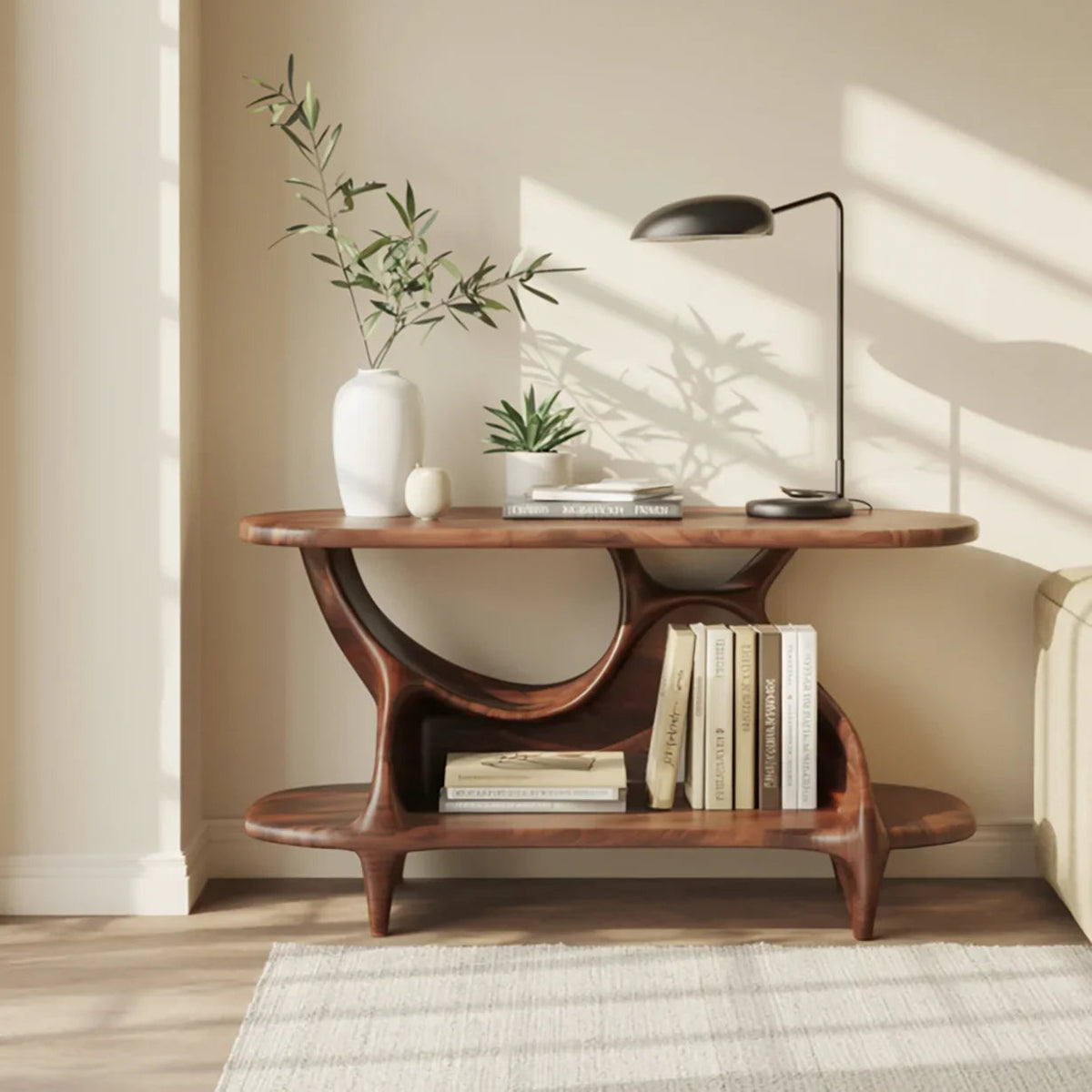Minimalistische houten brug wandplank voor leeshoekdecoratie