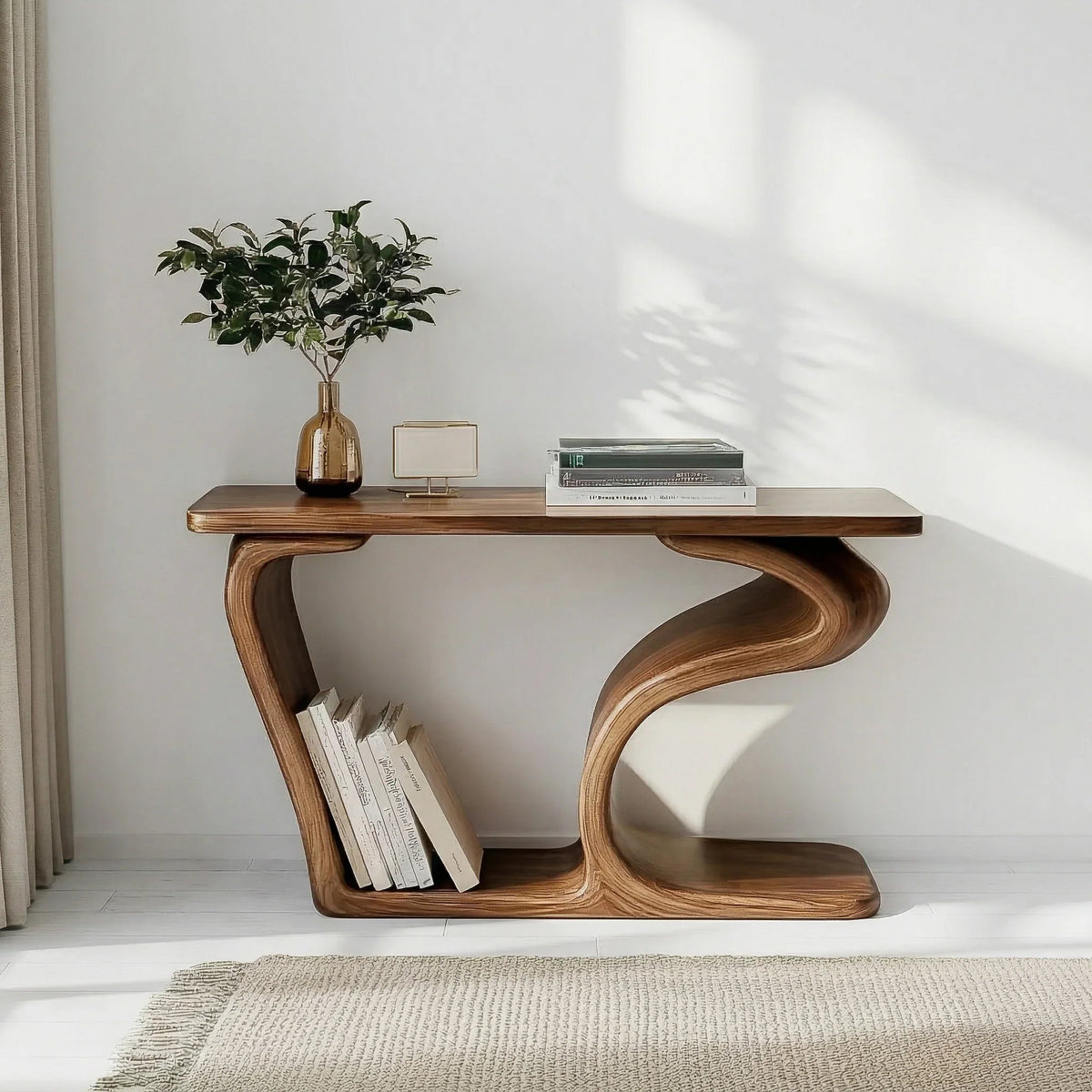 Moderne minimalistische houten wandconsole met opbergvakken voor boeken