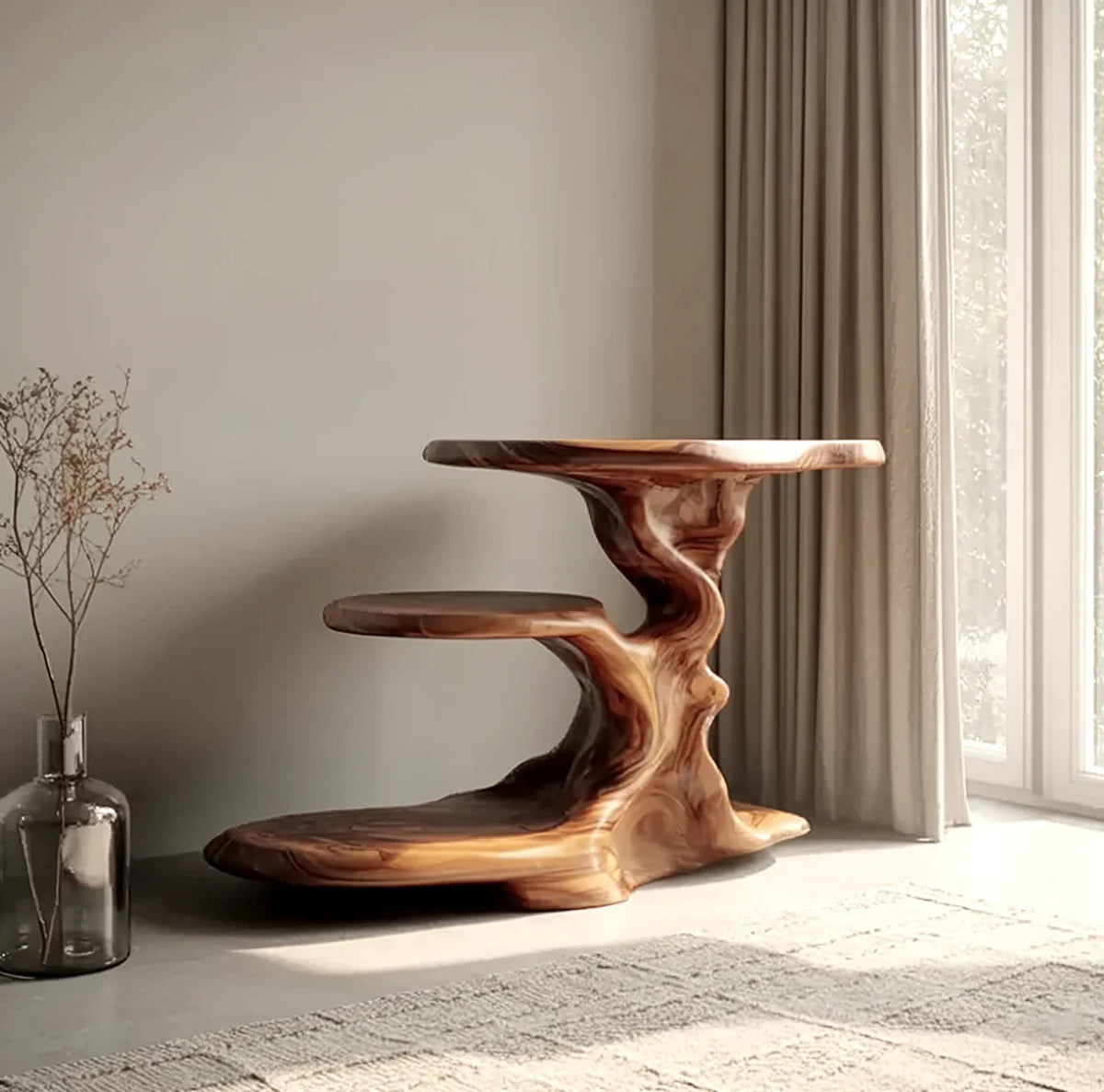 Vrijstaande houten bijzettafel met boekenrek voor de leeshoek