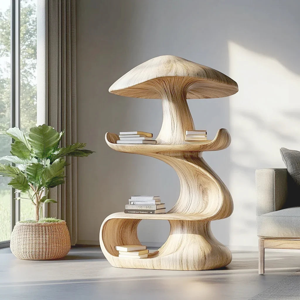 Moderne sculpturale paddenstoel wandplank voor leeshoekinrichting