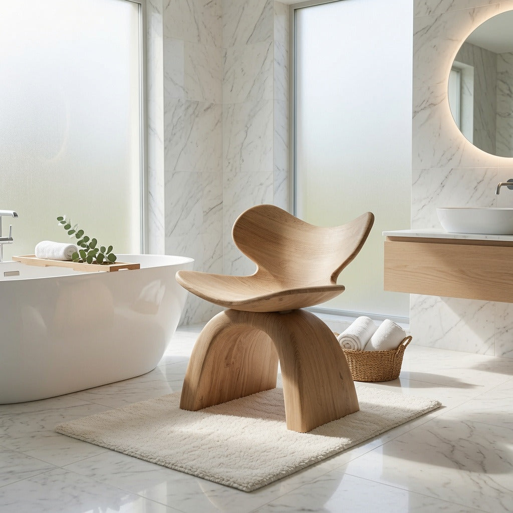 Ergonomische boomrand massief houten douchekruk in een moderne badkamer