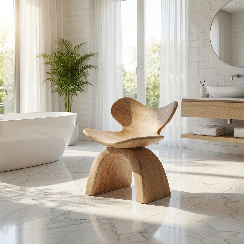 Ambachtelijke massief houten badkamerkruk in een minimalistische badkamer
