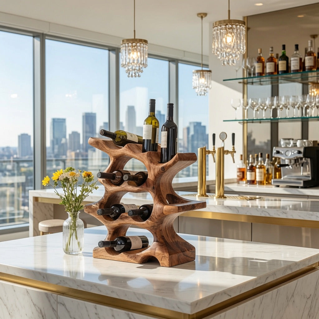 Handgemaakt houten wandwijnrek met flessen in een moderne eetkamer