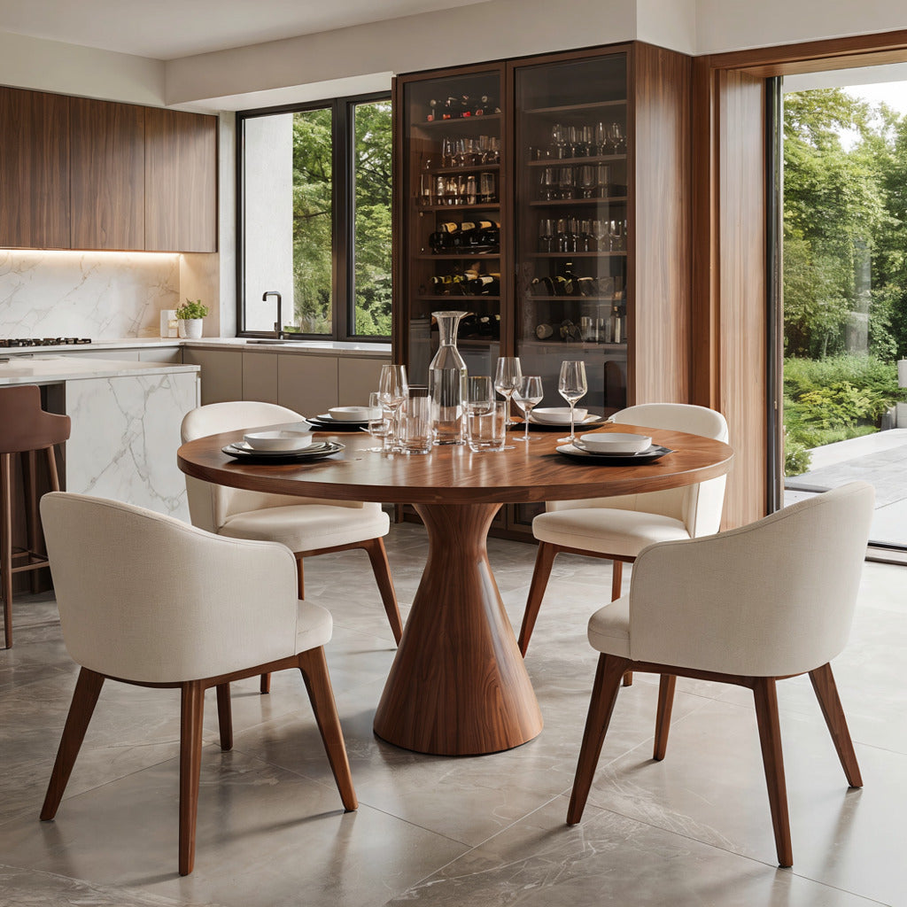 Ronde eettafel met vloeiend zuilonderstel van massief hout