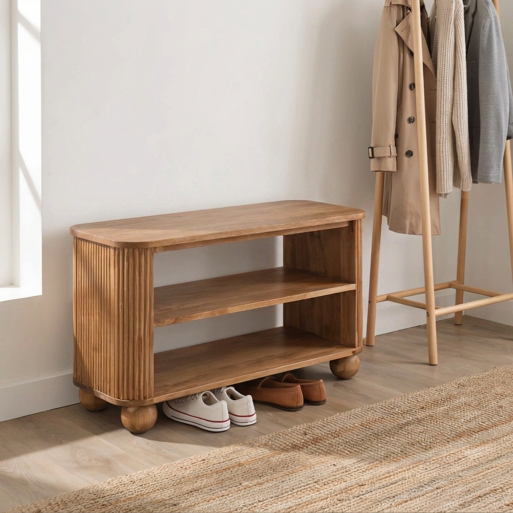Geribbelde halbank van eersteklas massief hout met sculpturale bolpoten