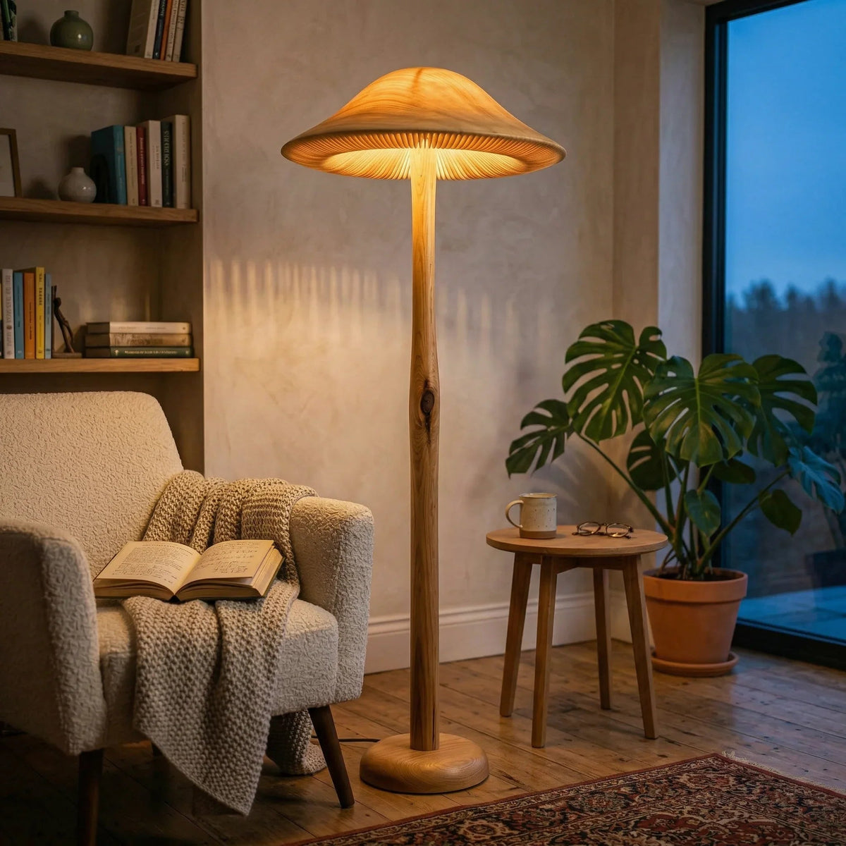Goudkleurige paddenstoel vloerlamp met houten stam in warme zithoek
