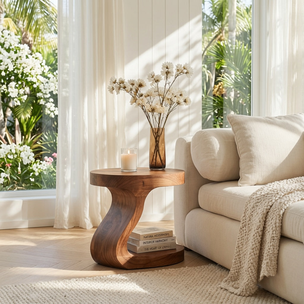 Eigentijdse houten S-boog bijzettafel in een minimalistische woonkamer