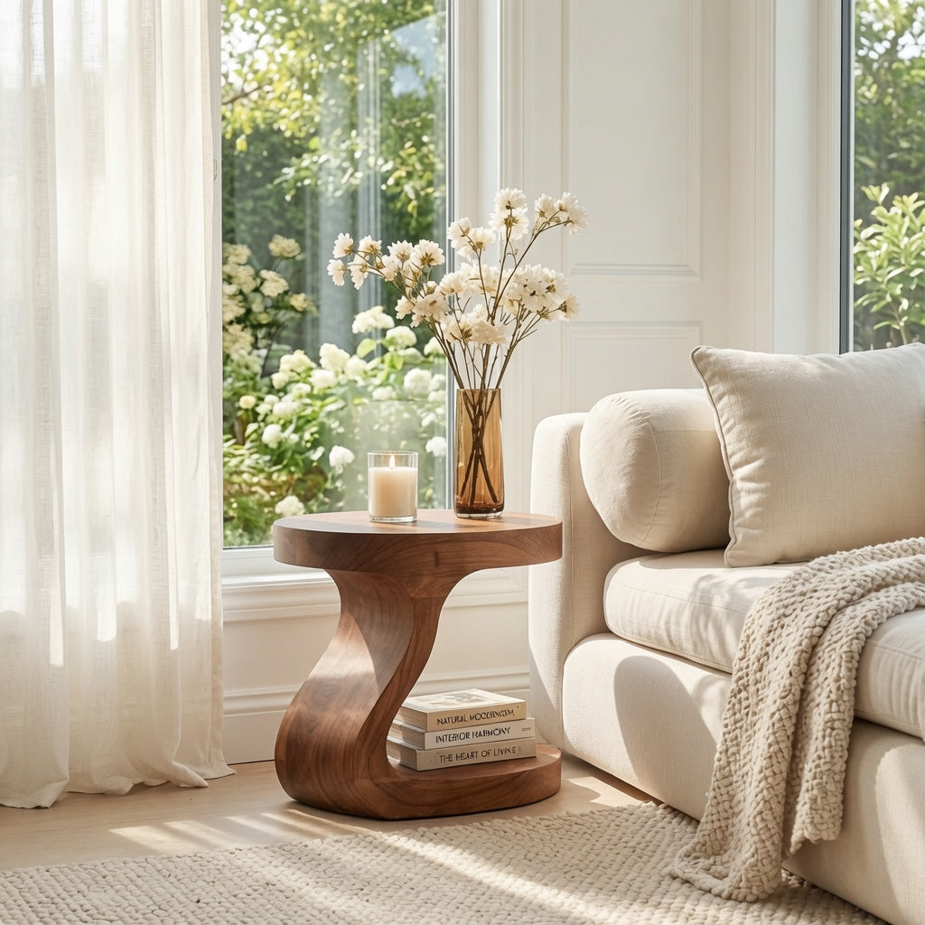 Moderne houten accenttafel in een elegant appartement